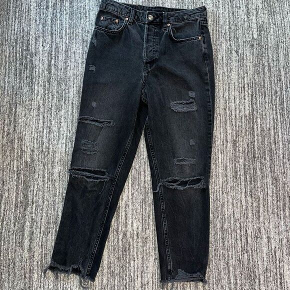 Divided H&M Womens Size 6 Distressed Ripped Ankle Jeans Black Raw Hem Button Fly - Picture 1 of 8